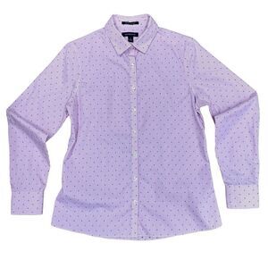 LANDS’ END Pink White Pinstripe Swiss Dot Supima Button Front Shirt Size 6